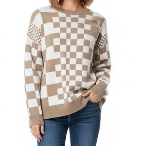 Checkerboard Beige White Print‎ Drop Shoulder Round Neck Sweater Medium Heavy
